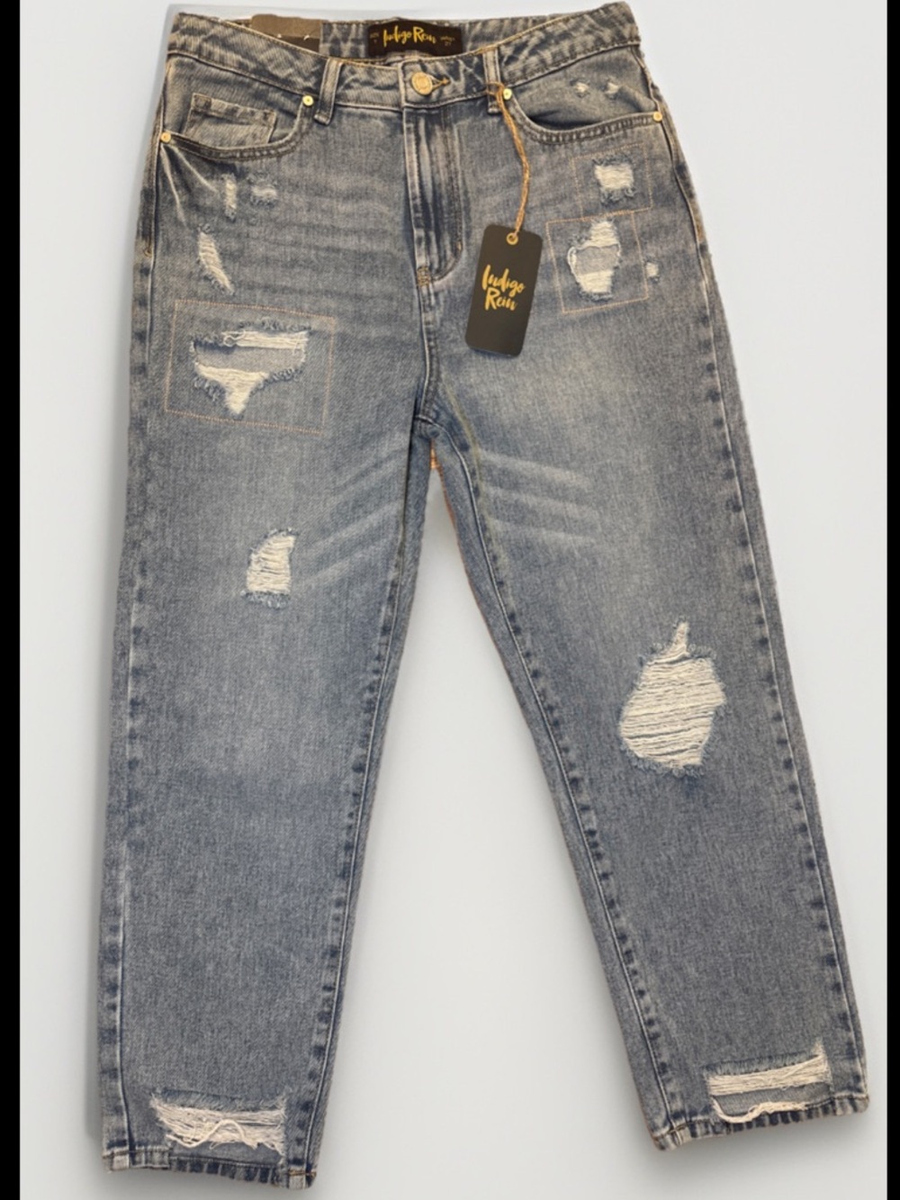 Indigo Rain Distressed Medium Wash Mom Woman’s Jeans High Rise Size 7 Waist 27